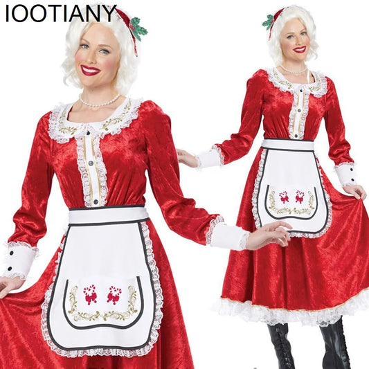 IOOTIANY Cosplay Christmas Square Neck Bow Knot Dress Women Mrs. Santa Claus Costume