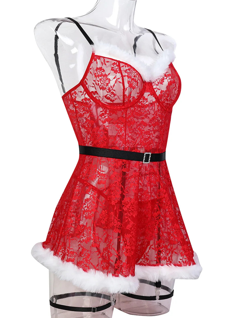 JSY Sexy Christmas Cosplay Lingerie Women Underwear Red Lace Feather Dress Babydoll Nightgown Sleepwear