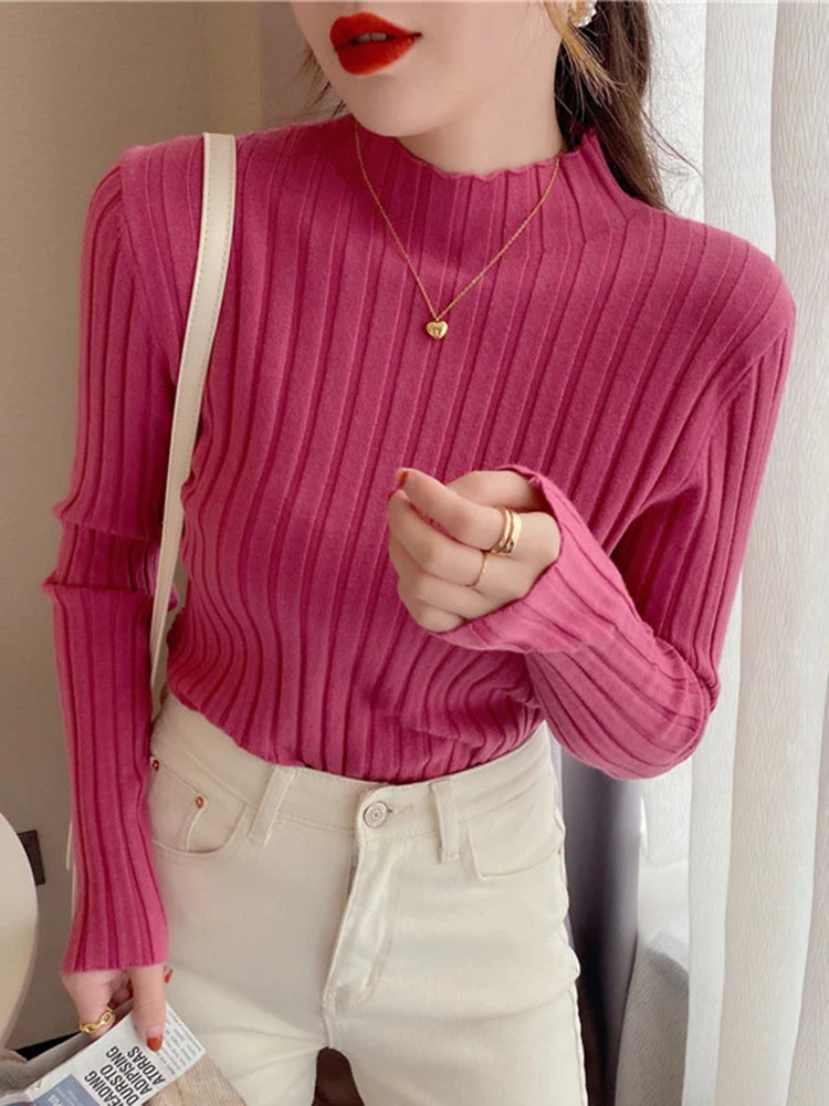 2024 Long Sleeve Slim Basic Pullover Woman Sweaters Solid Tops