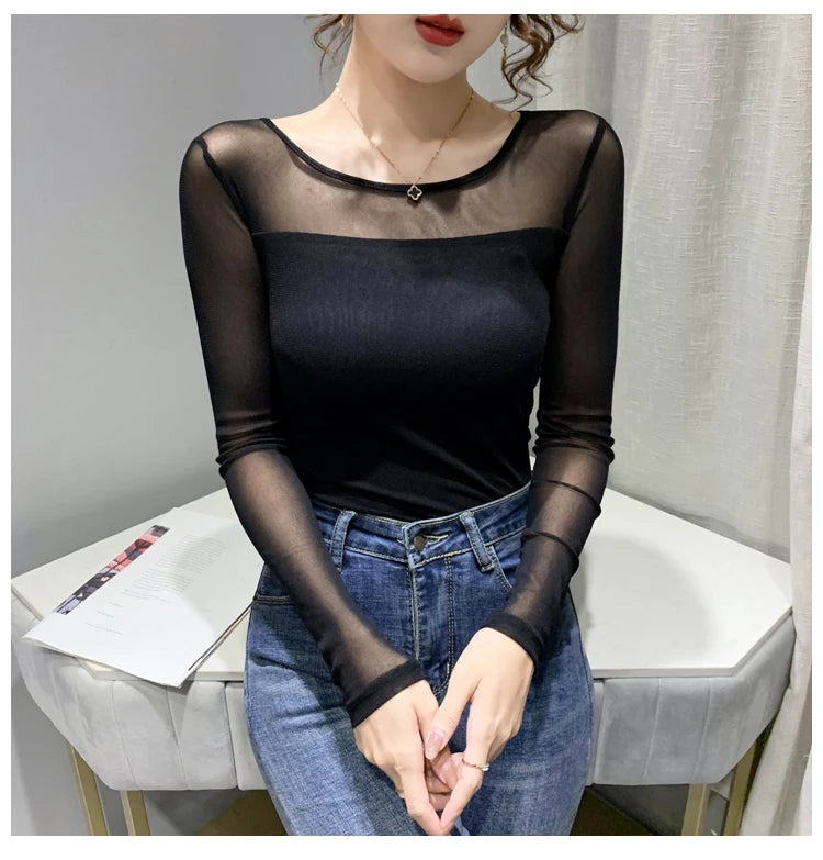 Autumn Winter Round Neck T shirt Women Sexy Mesh Bottoming Shirt Long Sleeve Solid Color Slim Fit Long Sleeve Casual Tops