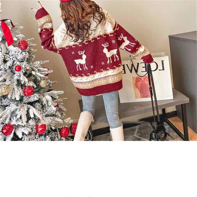 Christmas Deer Sweater Women's Pullover 
 New Korean Style Loose Fit Long Sleeve Versatile Knitted Top