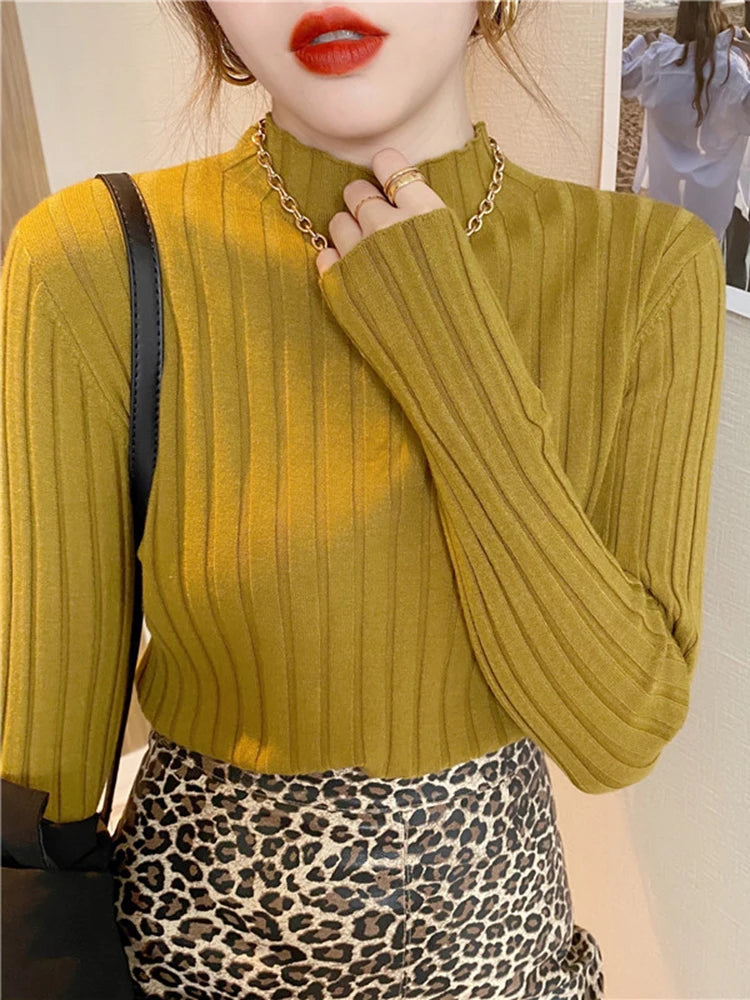 2024 Long Sleeve Slim Basic Pullover Woman Sweaters Solid Tops