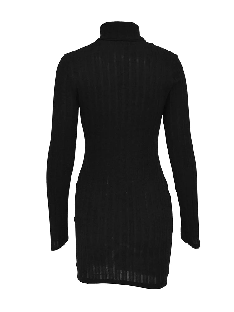 New Sexy Mini Dress For Women Autumn Black Solid Turtleneck Long Sleeves Sheath Dress