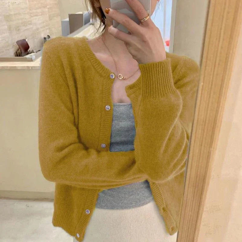 Fall Solid Color Knitted Cardigan Women Korean Single Breasted Long Sleeve Jumper Woman Round Neck All Match Sweater Outwear Top