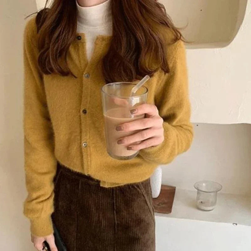 Fall Solid Color Knitted Cardigan Women Korean Single Breasted Long Sleeve Jumper Woman Round Neck All Match Sweater Outwear Top