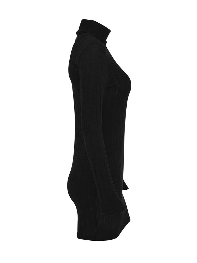 New Sexy Mini Dress For Women Autumn Black Solid Turtleneck Long Sleeves Sheath Dress