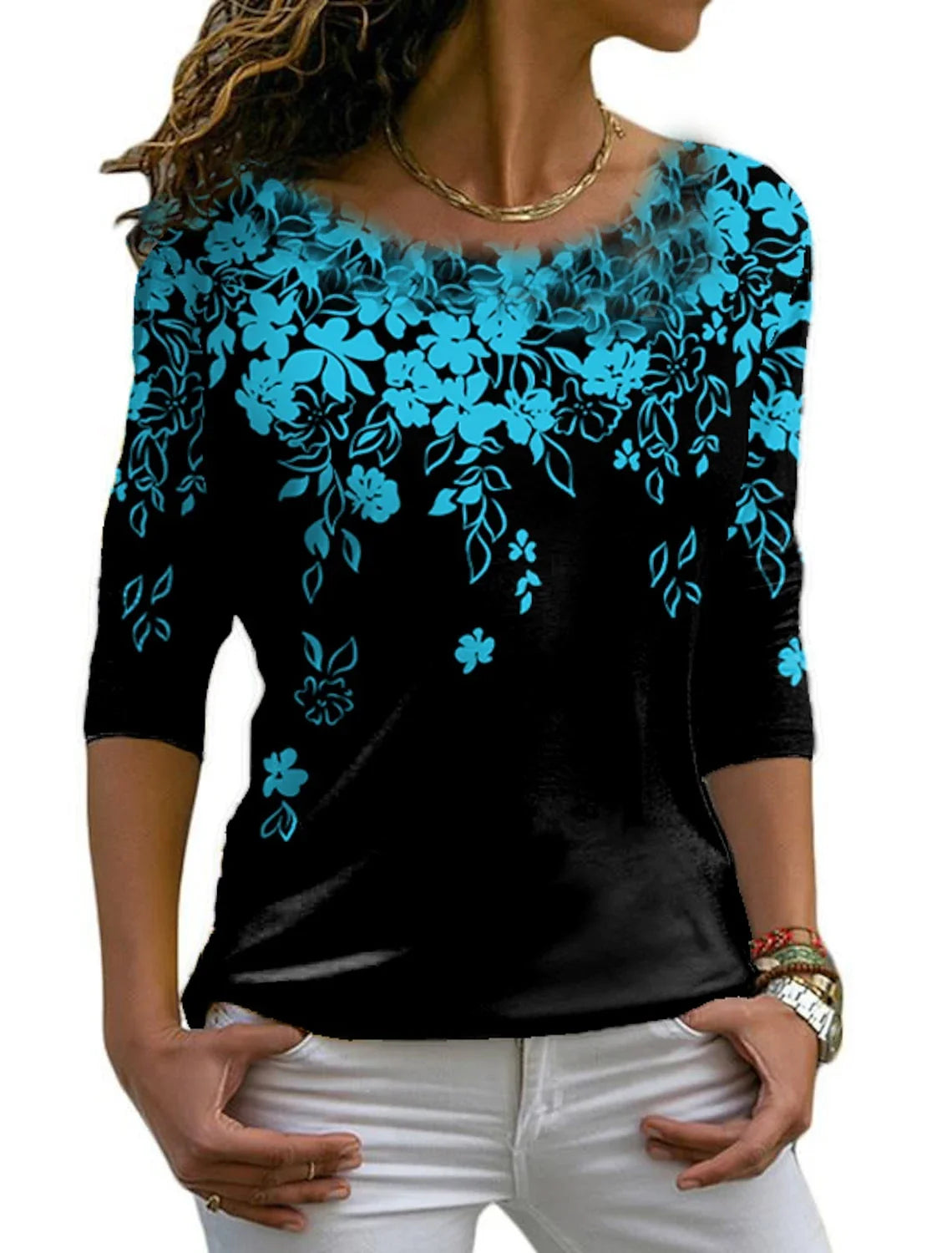 Versatile long sleeved women's T-shirt with floral pattern printed

 O-Neck Bohemian multi-color top