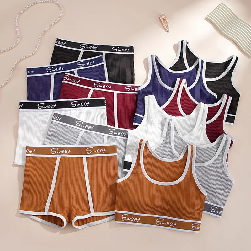 Women Seamless Underwear Set Fitness Pure Cotton Underwear Wide-brimmed Letter Sports Vest Middle Waist Boxer Briefs Bra Set