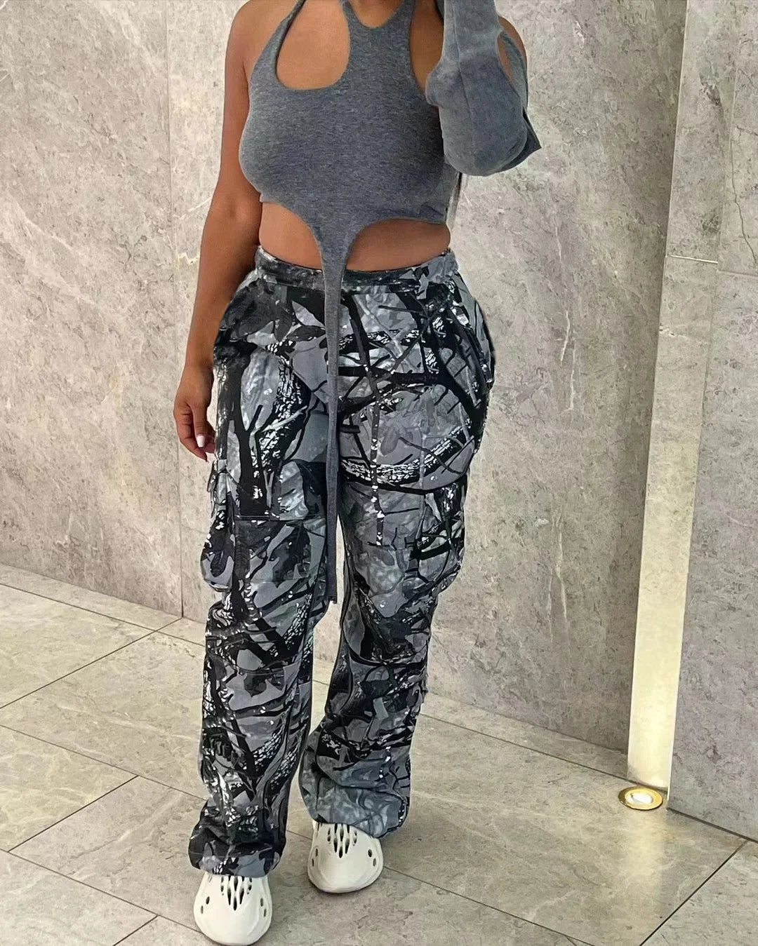 Women's Casual Fashion Camouflage Printing Cargo Pants T23318 European American Style One Piece Agent Shipping