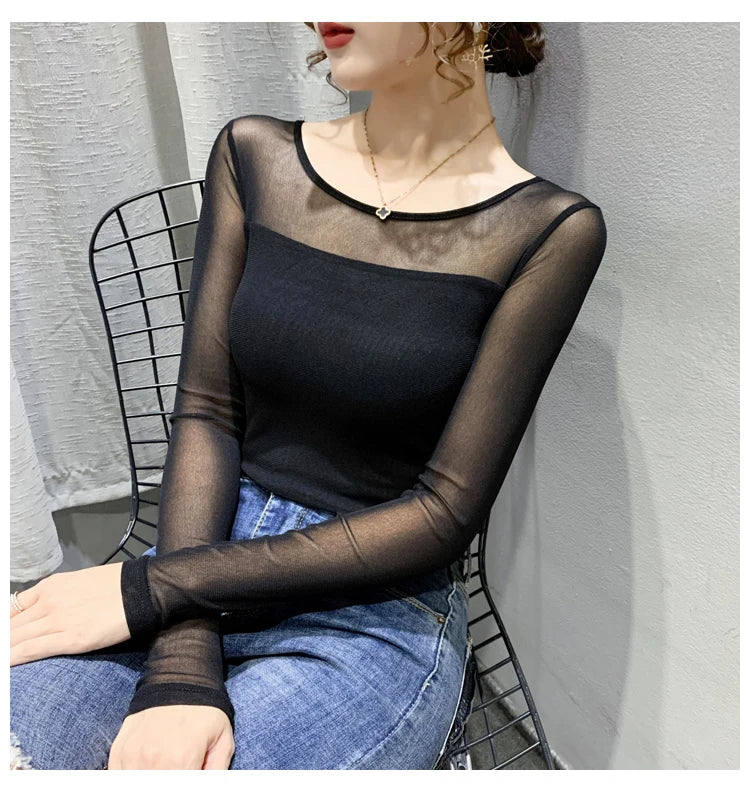 Autumn Winter Round Neck T shirt Women Sexy Mesh Bottoming Shirt Long Sleeve Solid Color Slim Fit Long Sleeve Casual Tops