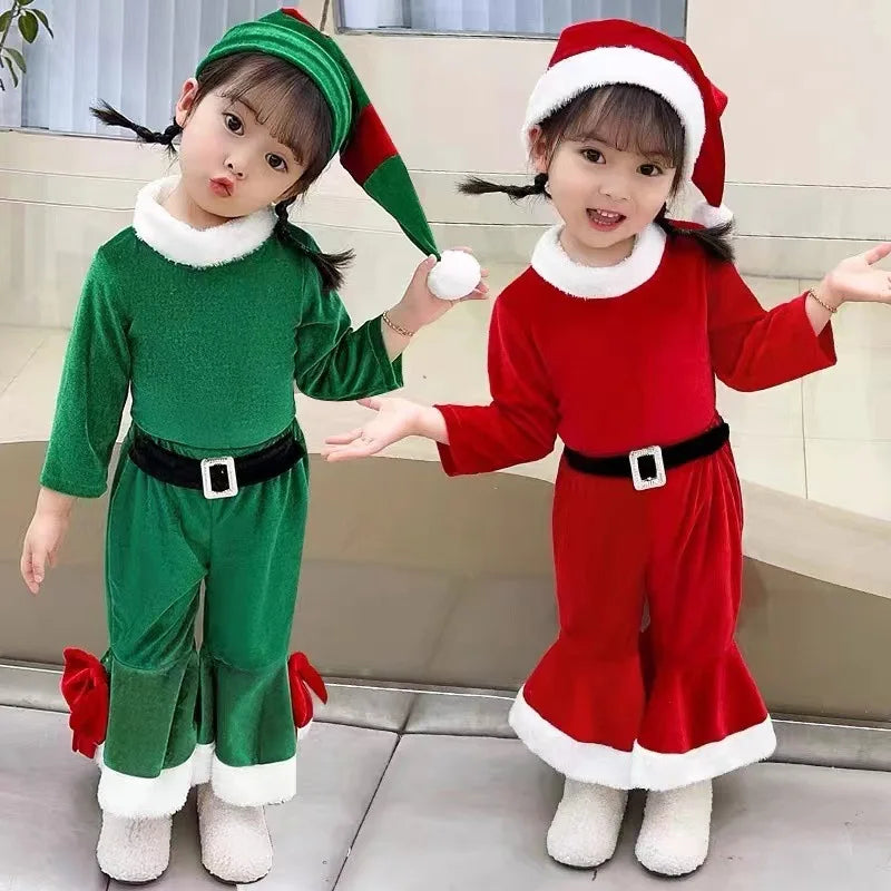 Christmas Girls Boys Santa Claus Costume Green Elf Cosplay  Outfits Carnival Party Festival Xmas New Year Fancy Dress Clothe Set