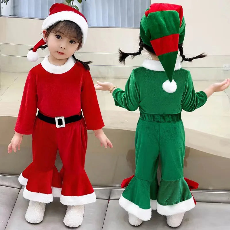 Christmas Girls Boys Santa Claus Costume Green Elf Cosplay  Outfits Carnival Party Festival Xmas New Year Fancy Dress Clothe Set