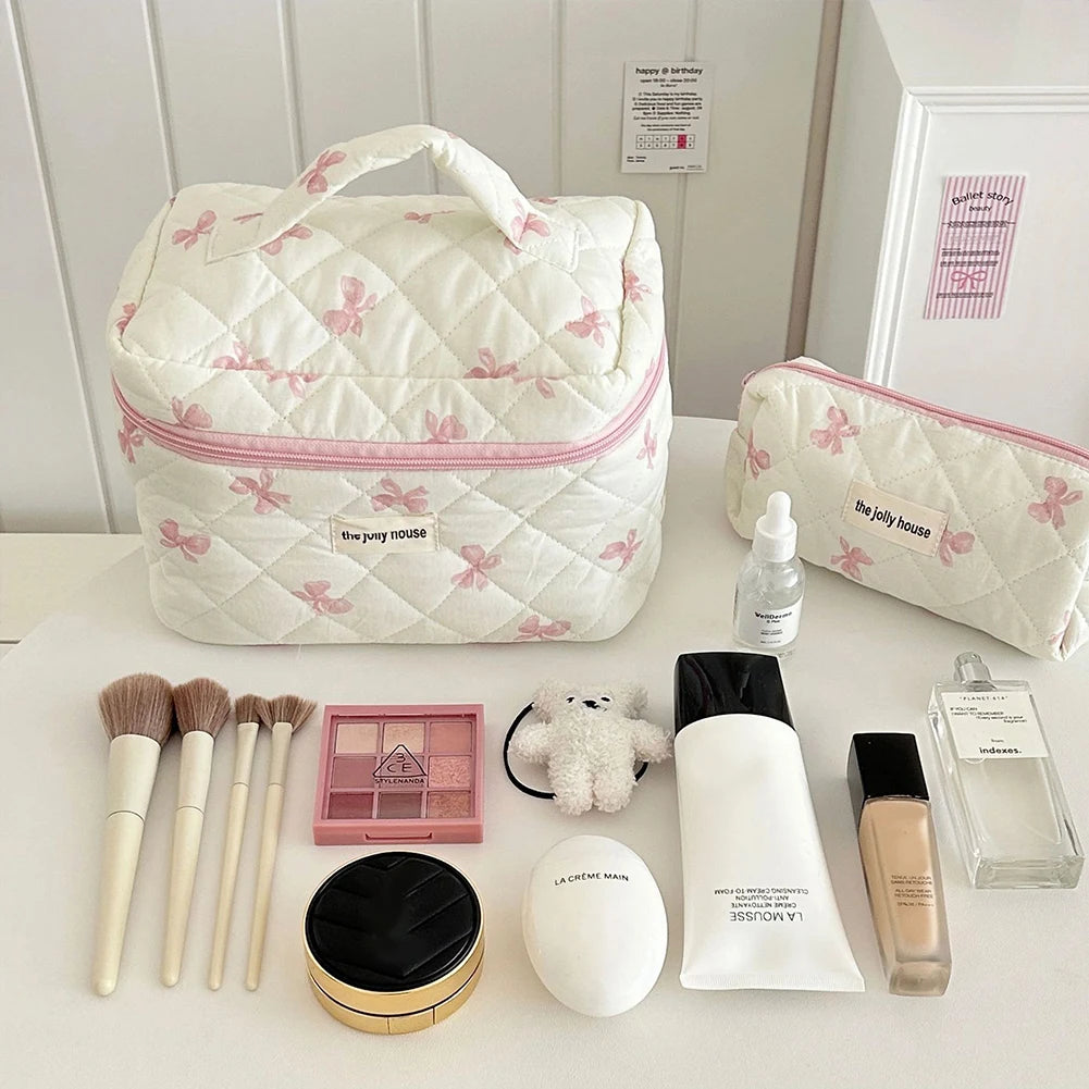 Cute Bow Flower Quilting Cotton Makeup Bag Women Zipper Cosmetic Organizer
 Cloth Handbag
 for Girls