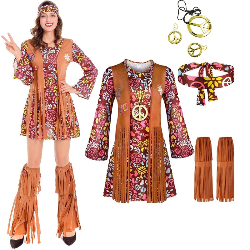 Cosplay Indian Tassels Costumes Set Women's Peace Love Hippie Christmas
 Dress Up Outfits Party