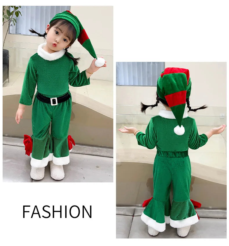 Christmas Girls Boys Santa Claus Costume Green Elf Cosplay  Outfits Carnival Party Festival Xmas New Year Fancy Dress Clothe Set