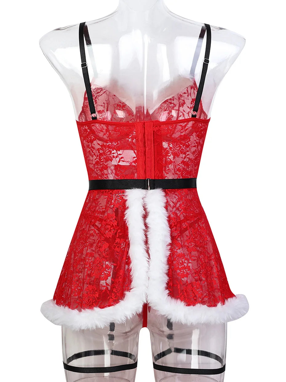 JSY Sexy Christmas Cosplay Lingerie Women Underwear Red Lace Feather Dress Babydoll Nightgown Sleepwear