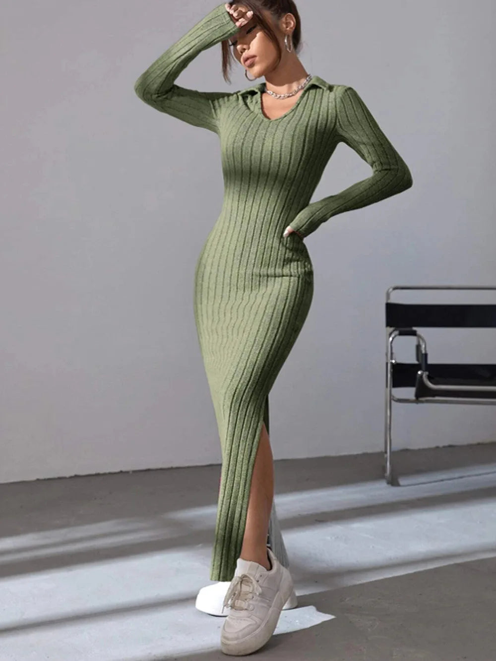 New style knitted slim lapel long sleeve dress pit strip solid color tight skirt