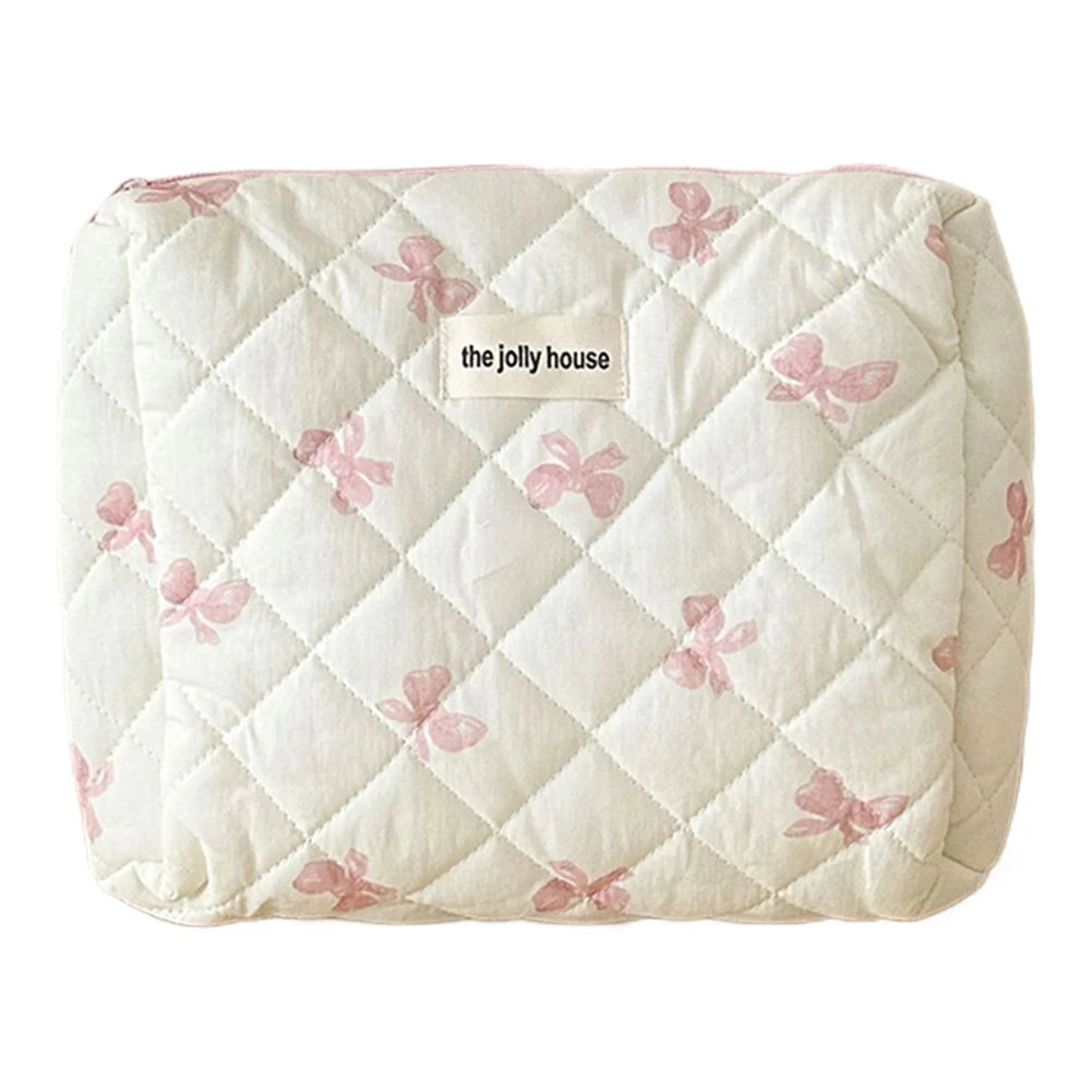 Cute Bow Flower Quilting Cotton Makeup Bag Women Zipper Cosmetic Organizer
 Cloth Handbag
 for Girls