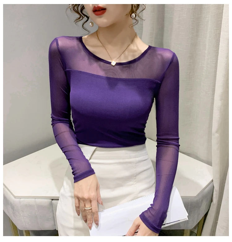 Autumn Winter Round Neck T shirt Women Sexy Mesh Bottoming Shirt Long Sleeve Solid Color Slim Fit Long Sleeve Casual Tops