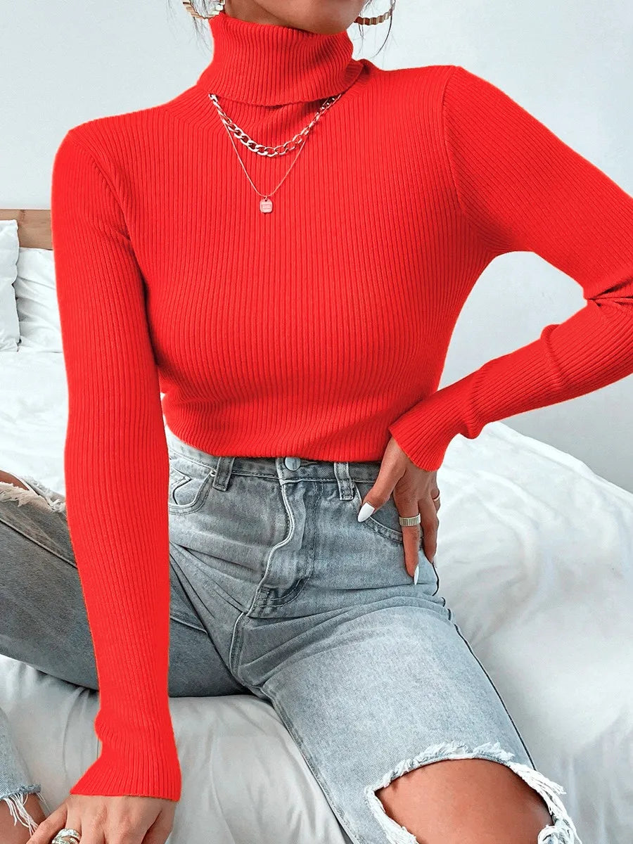 2024 Autumn Winter Women Knit Solid Turtleneck Pull Sweater Casual Rib Jumper Tops Female Home Pullover Y2K Clothing