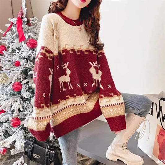 Christmas Deer Sweater Women's Pullover 
 New Korean Style Loose Fit Long Sleeve Versatile Knitted Top