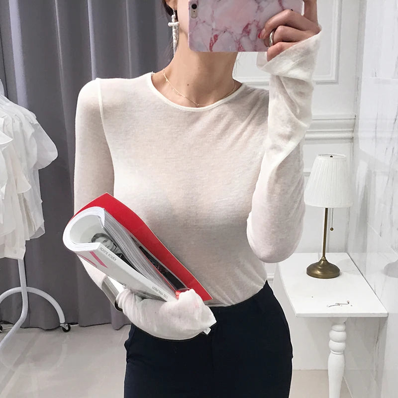 Shintimes Sexy Shirt Women T-Shirt Long Sleeve Korean Style Slim Basic Elasticity Tshirt