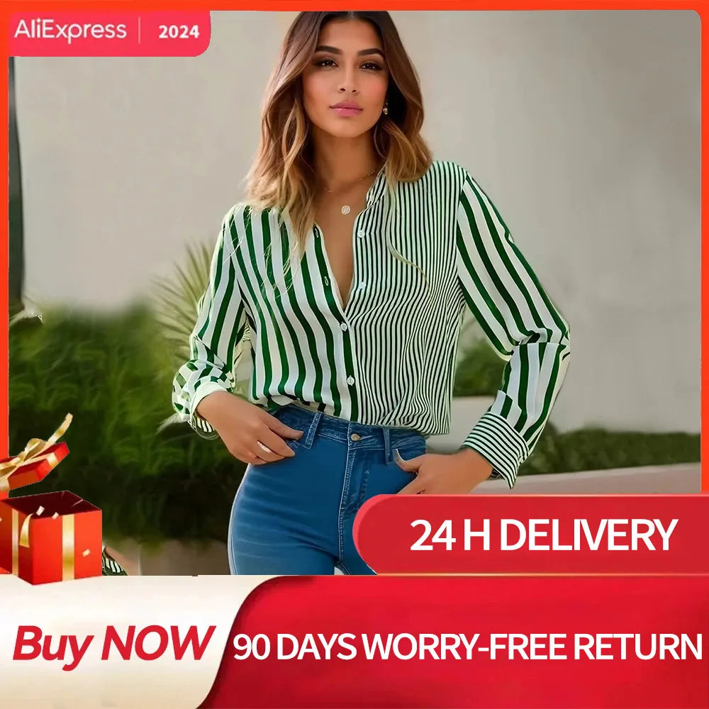 Fashion Women's Shirts & Blouses,Green Elegant Stripes Print Shirt,2024