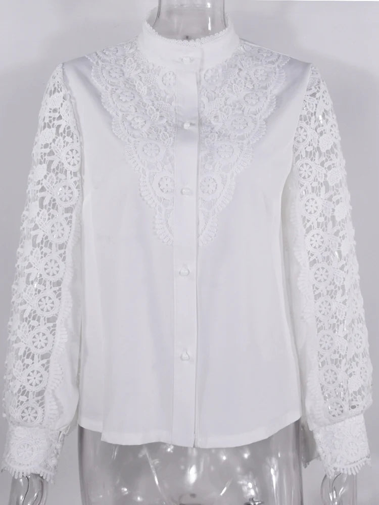 Shirts Elegant Office Ladies White Collared Lace Patchwork Hollow Out Button Up Womens Tops