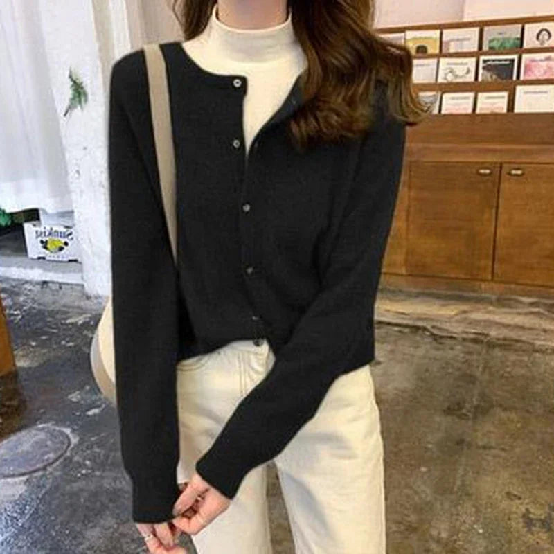 Fall Solid Color Knitted Cardigan Women Korean Single Breasted Long Sleeve Jumper Woman Round Neck All Match Sweater Outwear Top