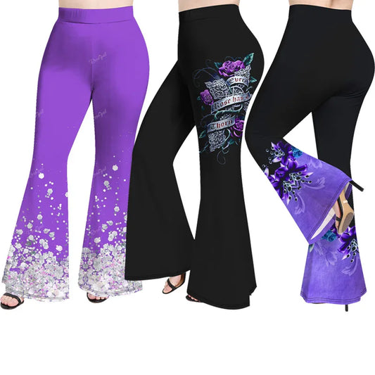 Plus Size Casual Printed Flare Pants Women Fashion 3D Graphic Bell Bottoms