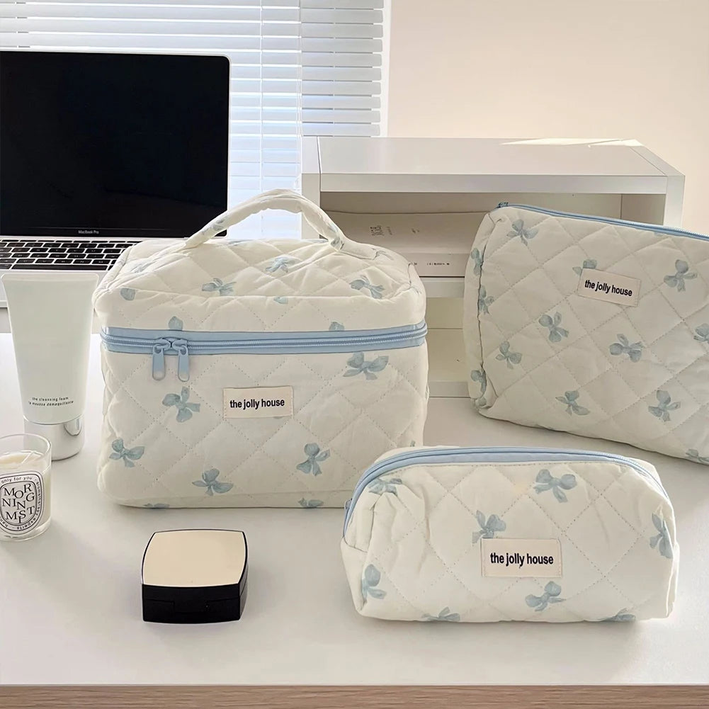 Cute Bow Flower Quilting Cotton Makeup Bag Women Zipper Cosmetic Organizer
 Cloth Handbag
 for Girls