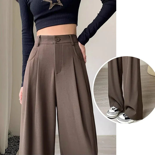 High Waist Wide Leg Autumn Trousers Lady Straight Leg Coffee Classic Pants