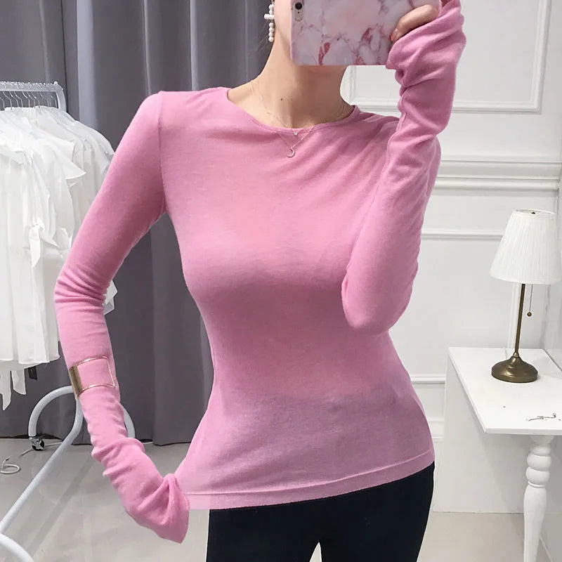 Shintimes Sexy Shirt Women T-Shirt Long Sleeve Korean Style Slim Basic Elasticity Tshirt