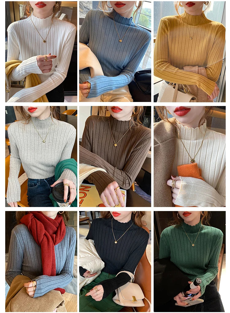 2024 Long Sleeve Slim Basic Pullover Woman Sweaters Solid Tops