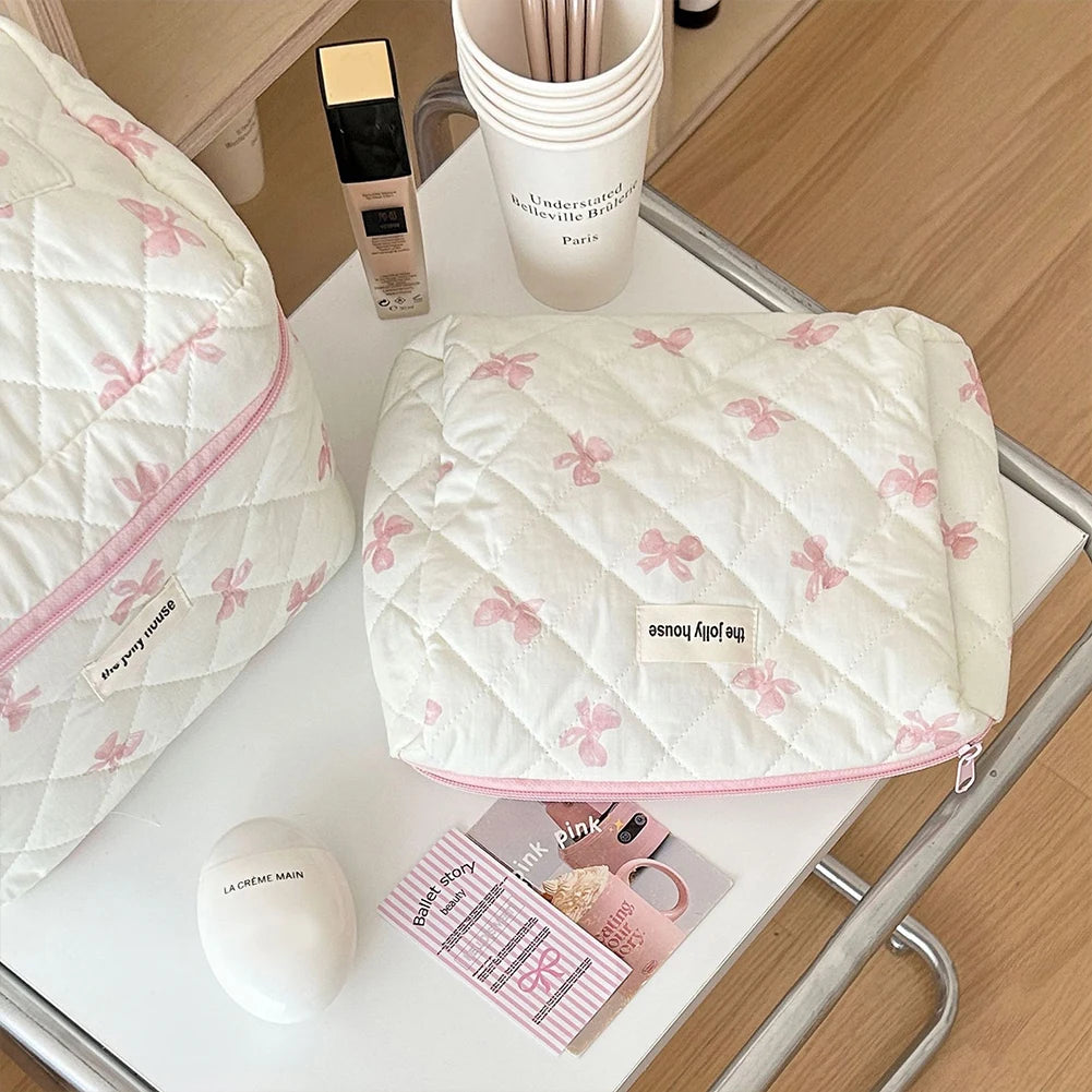 Cute Bow Flower Quilting Cotton Makeup Bag Women Zipper Cosmetic Organizer
 Cloth Handbag
 for Girls