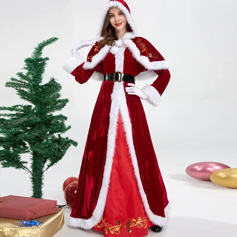 Deluxe Classic Mrs. Claus Christmas Costume Xmas Party Santa Claus Cosplay Women Red Dress