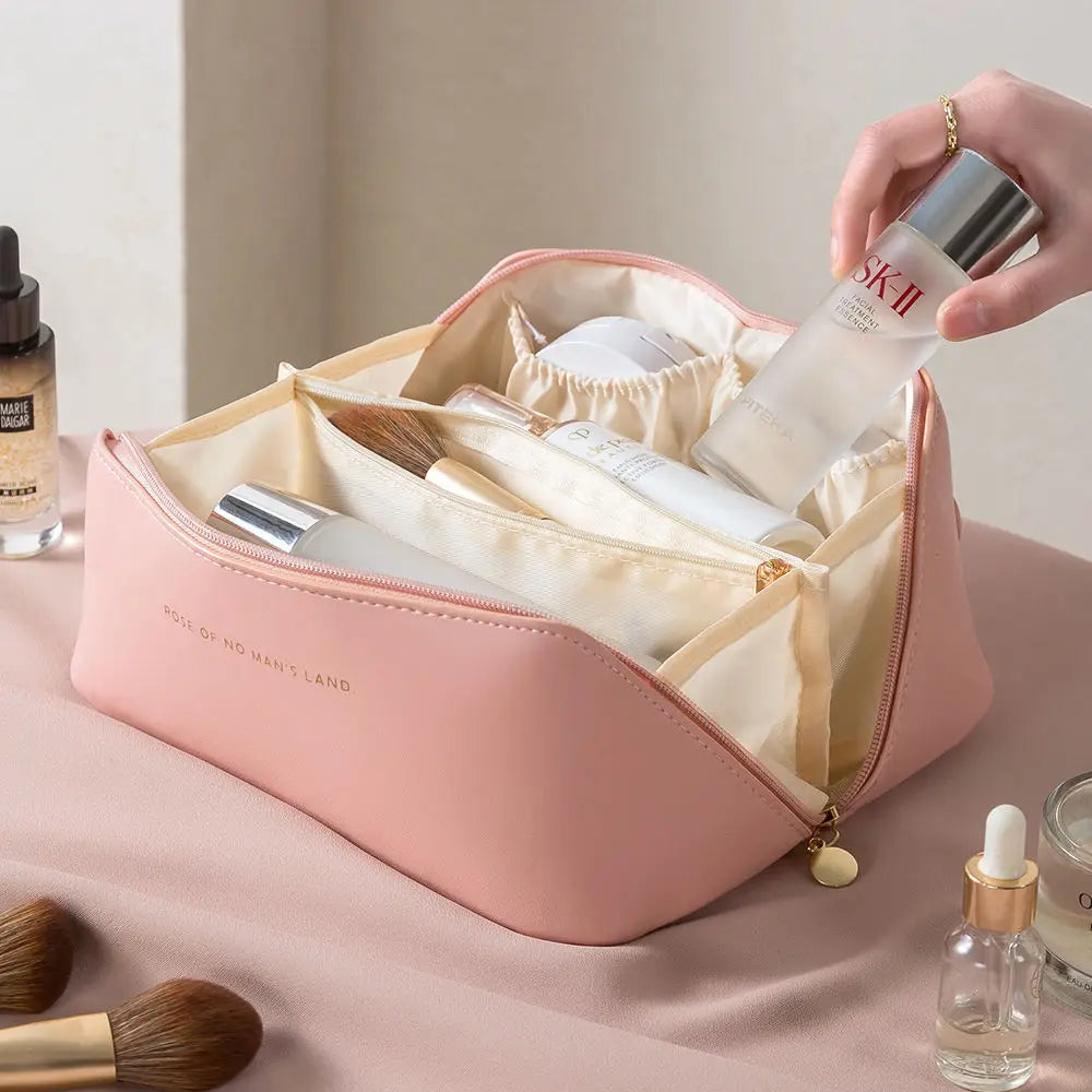 Large Travel Cosmetic Bag for Women Leather Makeup Organizer Female Toiletry Kit Bags Make Up Case
