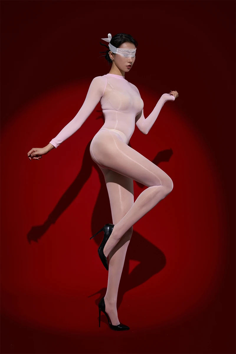Sexy Cosplay Maid Tights Oil Glossy Elastic Bodysuit Sheer See Through Rompers One-Piece Thong Jumpsuits Leotard Candy Color