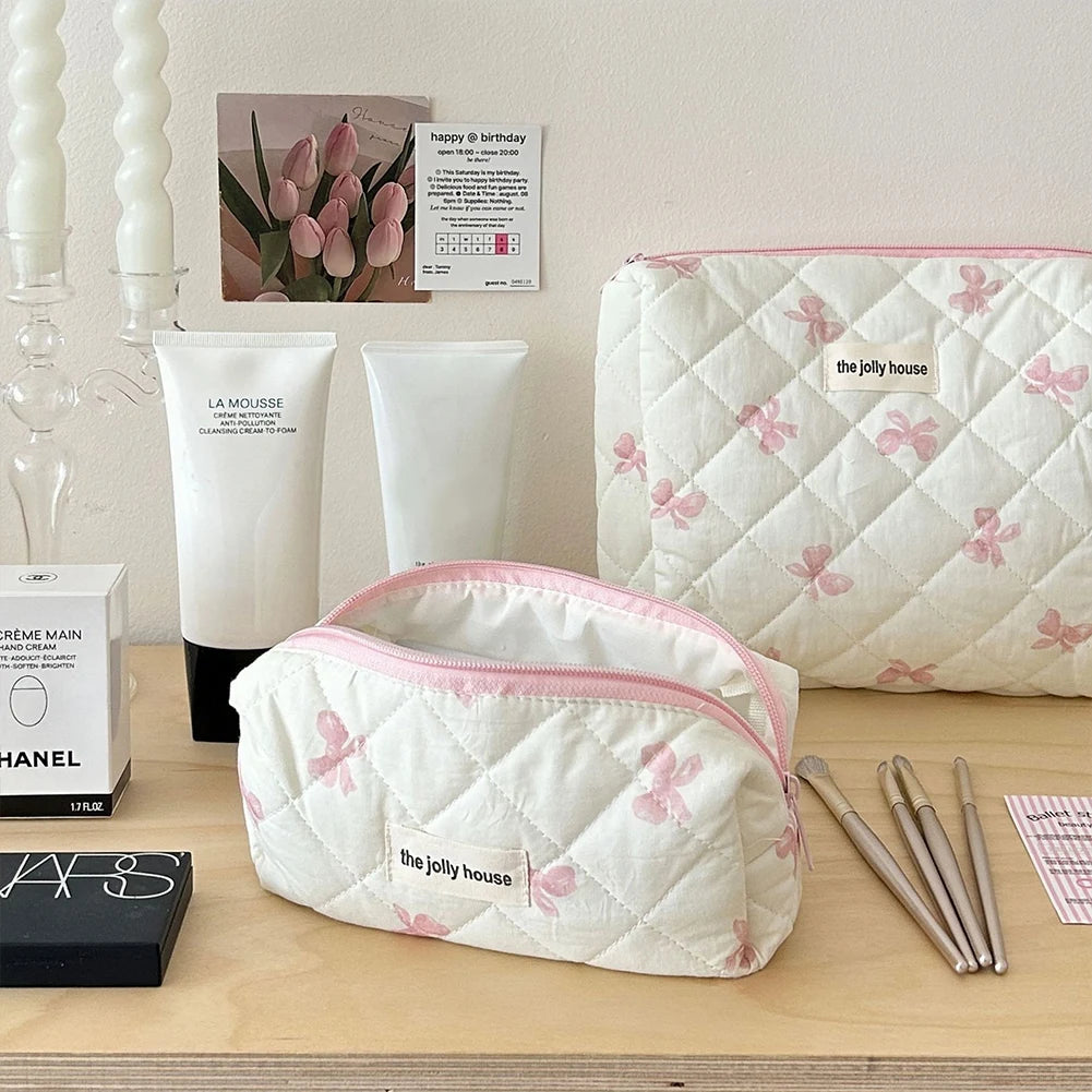 Cute Bow Flower Quilting Cotton Makeup Bag Women Zipper Cosmetic Organizer
 Cloth Handbag
 for Girls