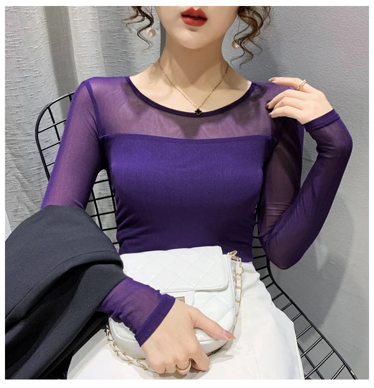 Autumn Winter Round Neck T shirt Women Sexy Mesh Bottoming Shirt Long Sleeve Solid Color Slim Fit Long Sleeve Casual Tops