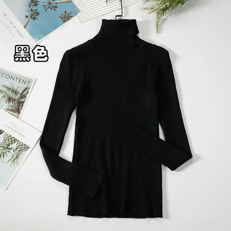 Pullover Elastic Knit Ladies Jumper Casual Solid Black Female Basic Tops