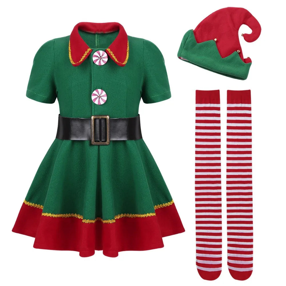 Christmas Girls Boys Santa Claus Costume Green Elf Cosplay  Outfits Carnival Party Festival Xmas New Year Fancy Dress Clothe Set