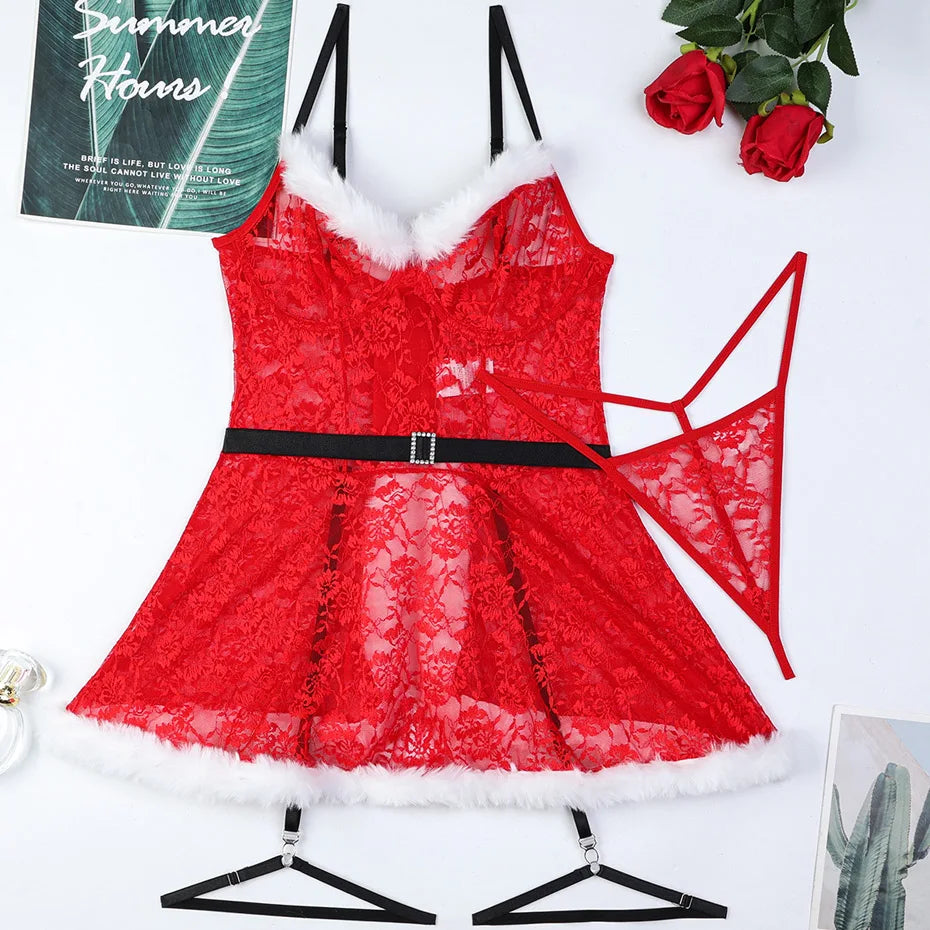 JSY Sexy Christmas Cosplay Lingerie Women Underwear Red Lace Feather Dress Babydoll Nightgown Sleepwear