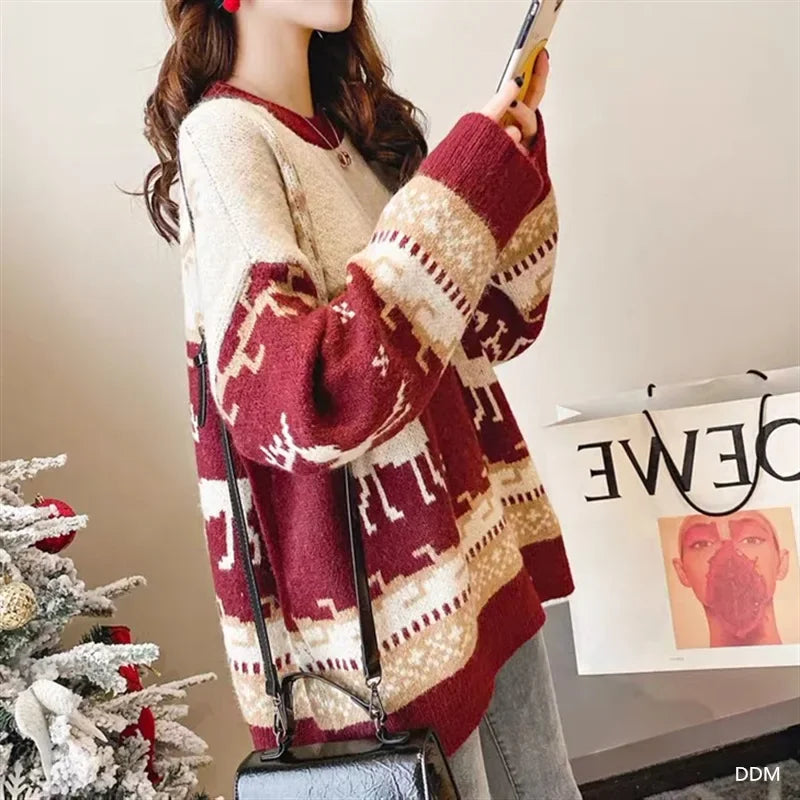 Christmas Deer Sweater Women's Pullover 
 New Korean Style Loose Fit Long Sleeve Versatile Knitted Top