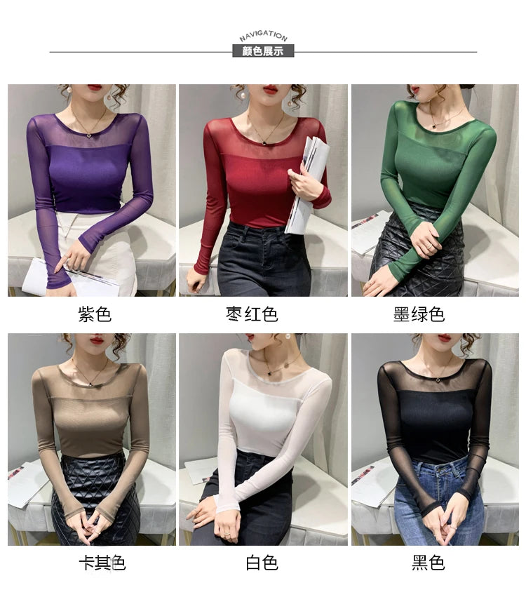 Autumn Winter Round Neck T shirt Women Sexy Mesh Bottoming Shirt Long Sleeve Solid Color Slim Fit Long Sleeve Casual Tops