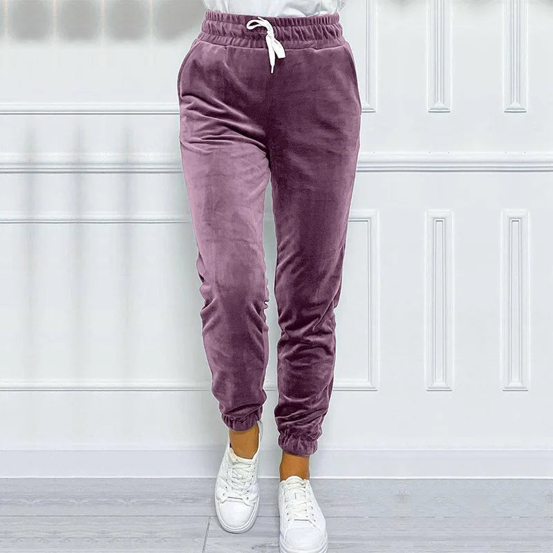 Solid Drawstring Velvet Jogger Pants Versatile Warm Sweatpants For Fall & Winter Women's Clothing