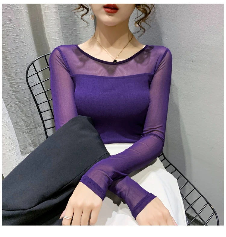 Autumn Winter Round Neck T shirt Women Sexy Mesh Bottoming Shirt Long Sleeve Solid Color Slim Fit Long Sleeve Casual Tops