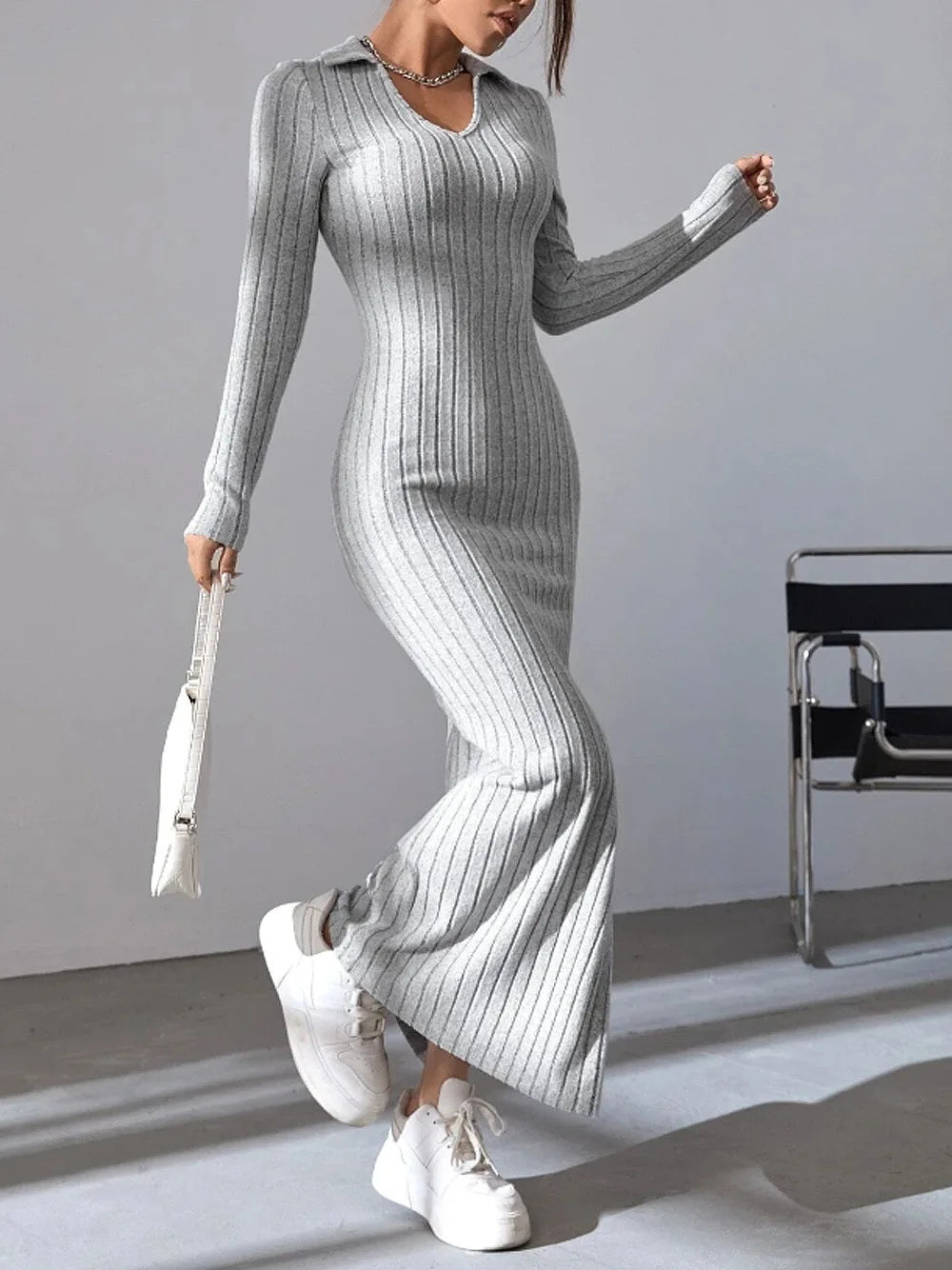 New style knitted slim lapel long sleeve dress pit strip solid color tight skirt