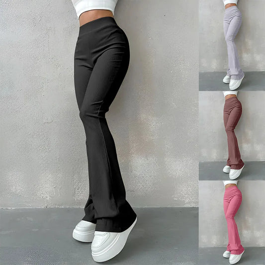 Women's Sexy Slim Pants Ribbed Solid Color Pants High Waisted Flared Pants Showing Longer Legs All-match Sports Long Pants