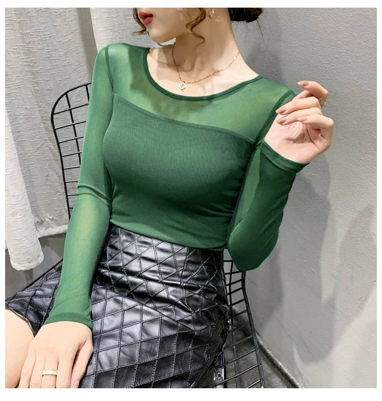 Autumn Winter Round Neck T shirt Women Sexy Mesh Bottoming Shirt Long Sleeve Solid Color Slim Fit Long Sleeve Casual Tops